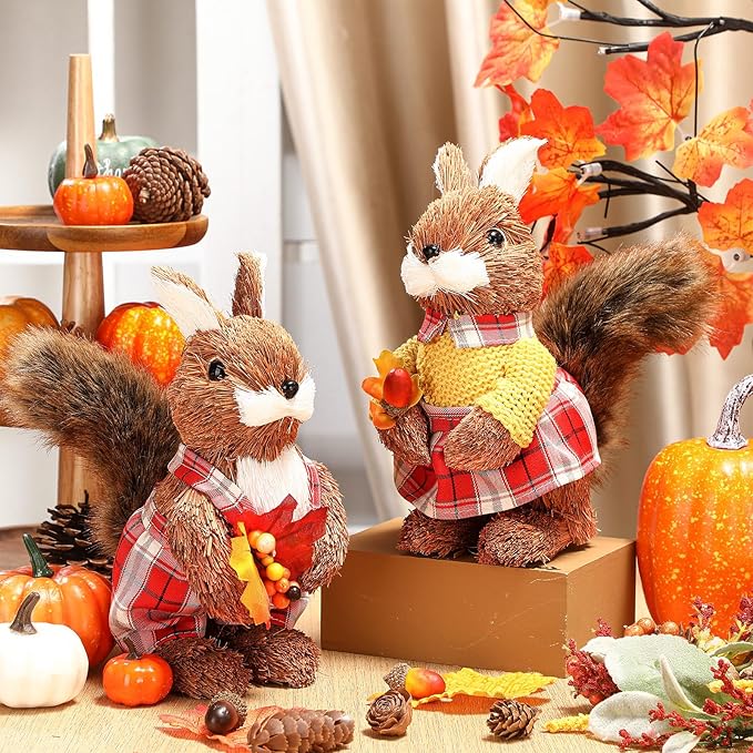Namalu 2 Pack Squirrel Sisal Fall Decor Thanksgiving Decoration Indoor Sisal Figurine for Home Table Centerpieces Cute Handmade Fall Woodland Animal Statue for Autumn Harvest Office Cozy Shelf Decor