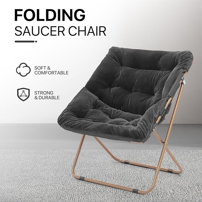Athena Collection Saucer Chair for Adult, Square Comfy Cozy Chair Folding Chair Faux Fur Metal Frame Foldable Reading Chair Accent Chair for Bed Room Living Room Set of 2, Black