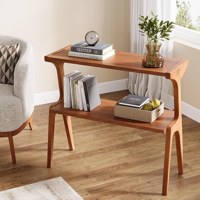 Tribesigns Set of 2 Narrow Side Table, 2-Tier Solid Wood End Table with Storage, Modern Couch Side Table for Living Room, Slim Bedside Table for Bedroom, Small Spaces, Walnut