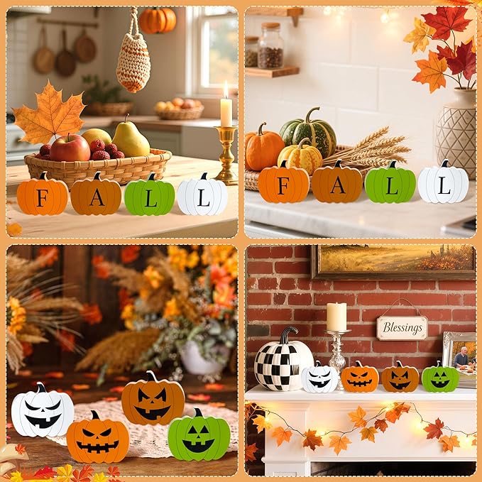 QINJIEJIE Fall Pumpkin Decor, Autumn Decorations for Home Halloween Decor Indoor, 4 Pcs Double-sided Pumpkin Wooden Sign, Thanksgiving Decorations for Indoor Home Office Table Tiered Tray Mantel