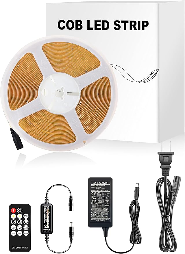 LED Strip Lights 32.8FT,Dimmable cob led Strip with Adapter and Remote,Superbright 24V led Tape,CRI90+,2700K Warm White led Strips,Indoor Perfect for Cabinet,Room,Kitchen,TV,Mirror