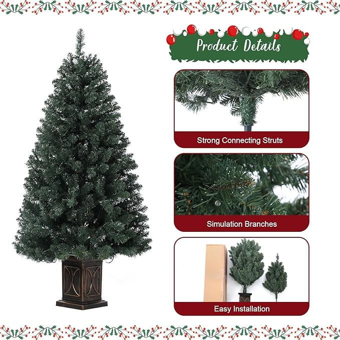 4.5ft Green Christmas Tree, Pre-Lit Artificial Potted Xmas Tree with 300 Led Lights, 8 Lighting Modes, Antique Urn Base Design, Dense Branch Realistic Home Party Decoration w/Easy Assembly,2 PCS