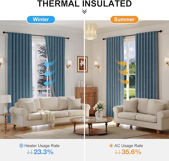 100% Blackout Curtains for Bedroom 90 inch Length 2 Panels Set, Farmhouse Linen Textured Full Light Blocking Room Darkening Thermal Insulated Drapes for Living Room (W52xL90, Dusty Blue)