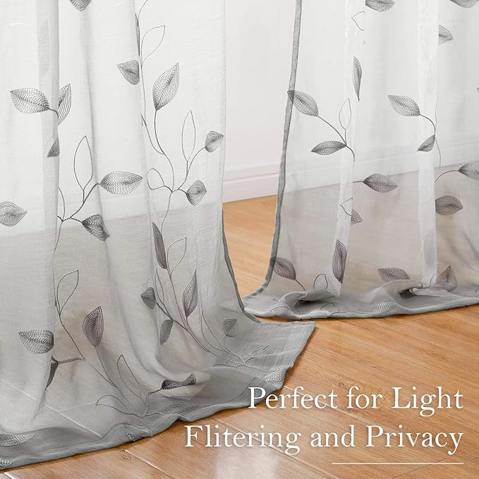 HOMEIDEAS Light Grey/Gray Sheer Curtains 52 X 96 Inches Long 2 Panels Embroidered Leaf Pattern Pocket Faux Linen Floral Semi Sheer Voile Window Curtains/Drapes for Bedroom Living Room