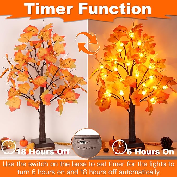 2 Pack 24 Inch Artificial Lighted Maple Tree with 48 LEDs Timer Fall Thanksgiving Decorations Battery Operated Prelit Maple Tree Table Lights for Thanksgiving Decor Home Indoor Autumn Harvest