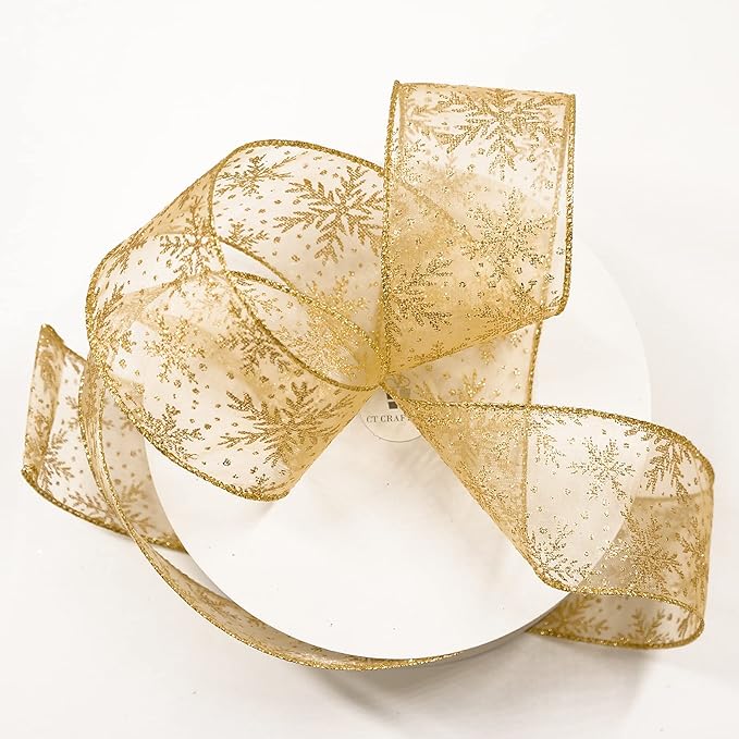 CT CRAFT LLC Organza with Gold Glitter Snowflakes Wired Ribbon 2.5 inch x 50 Yards for Christmas Home Decor Tree Topper Bow Gift Wrapping DIY Crafts Wreath Garland Wedding