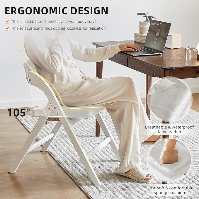 Wood Folding Chairs with Padded Seats, Wooden Folding Chairs Set of 2, Foldable Dining Chair with Cushion, Stackable Extra Chair for Indoor Outside Events, Party, Wedding (White Gray)
