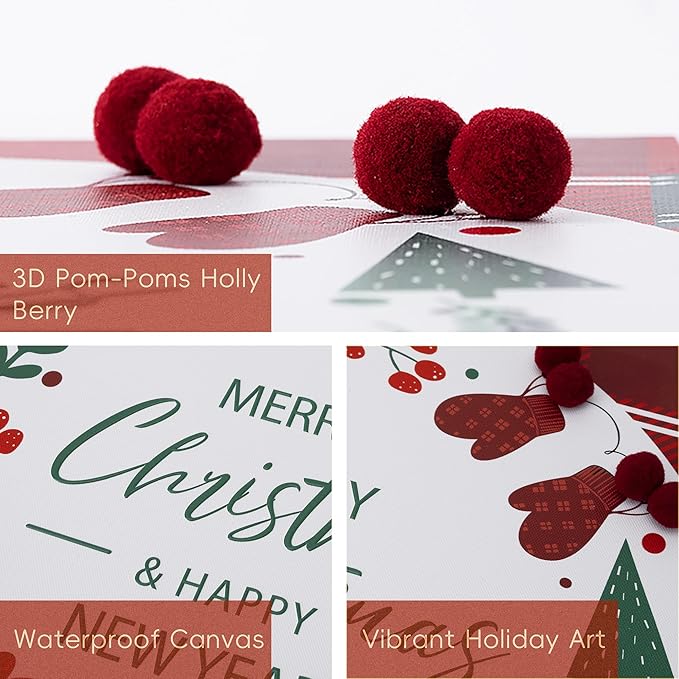 ArtbyHannah Christmas Canvas Wall Art Decor, 3D Textured & Holly Red Berry Wall Decor with Red & Green Plaid Prints for Home Kitchen Dining Party Bathroom Winter Holiday Decorations (12x12 inch)