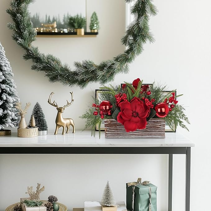 Christmas Centerpiece 11 Inch Artificial Norfolk Pine in Rustic Wooden Pot Flower Arrangement with Magnolia Flowers Pine Greenery Red Berries Ornaments for Dining Table Holiday Party Mantel Xmas Decor