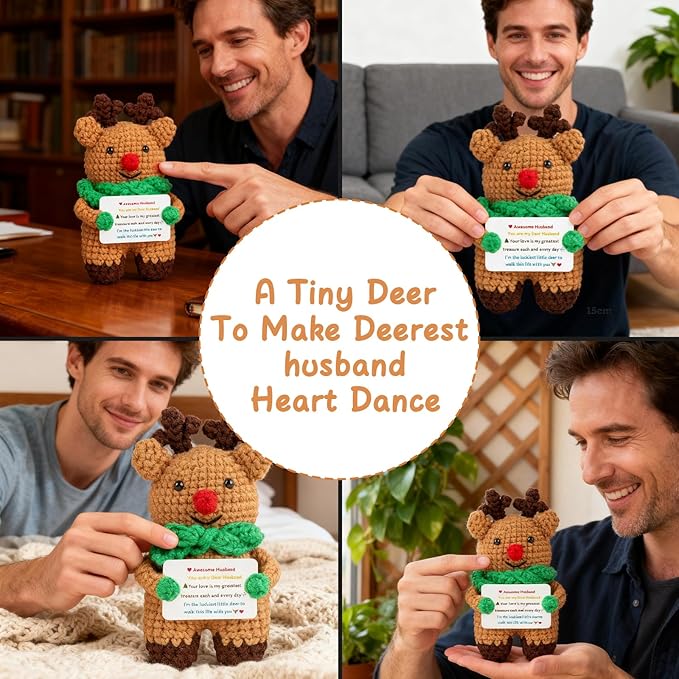 Mini Cute Deer Gifts for Husband Handmade Crochet Reindeer Present Wedding Anniversary Thanksgiving Christmas Birthday Gift for Him Man from Wife Office Home Emotional Decor Doll