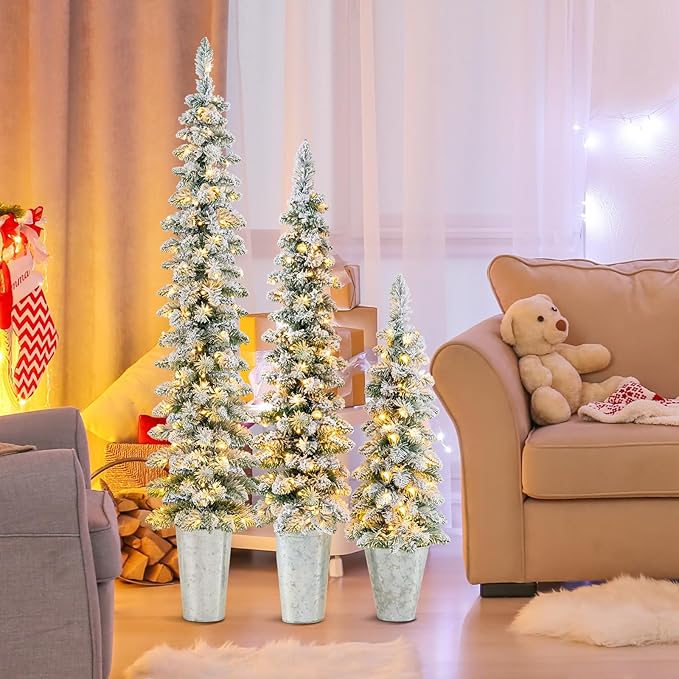 GOFLAME Set of 3 Pre-Lit Potted Christmas Trees, Snow Flocked Pencil Christmas Tree Set 3Ft, 4Ft and 5Ft with Warm White LED Lights, 8 Lighting Modes, Timer, Holiday Decoration Tree for Home Party