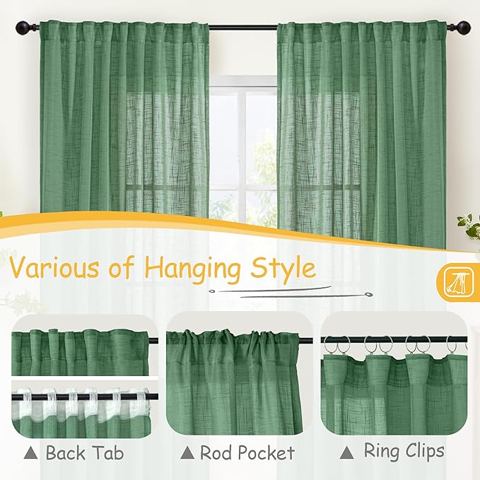 YoungsTex Green Linen Semi Sheer Curtains 63 Inch Length for Living Room Window, Light Filtering Drapes Rustic Textured with Rod Pocket Back Tab for Bedroom, 2 Panels, 42 X 63 Inch