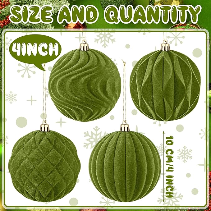 4 Pcs 4 Inch Large Velvet Christmas Ball Ornaments Vintage Christmas Plastic Ball Ornaments Flocked Tree Hanging Decoration for Xmas Party Wedding Home Decor(Olive Green)