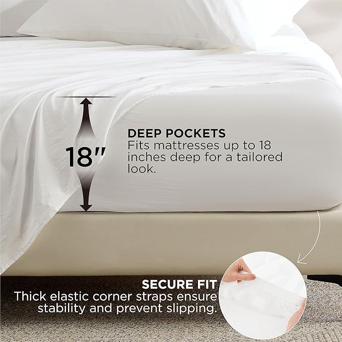 Bedsure Deep Pocket King Sheet Set - 6 Piece, Prewashed Ultra-Soft King Size Sheets Set, Fits Mattresses Up to 18 Inches Thick, Breathable & Secure Fit, Hotel Luxury Bedding, White