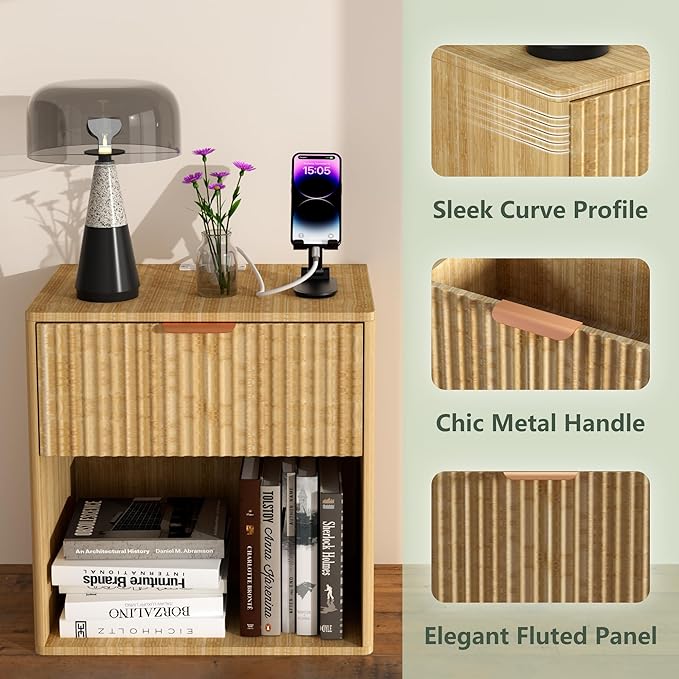 Mid Century Modern Nightstand - Single Drawer Wood Frame Bedside Table with USB Ports & Charging Outlets, Easy Assembly End Table for Bedroom