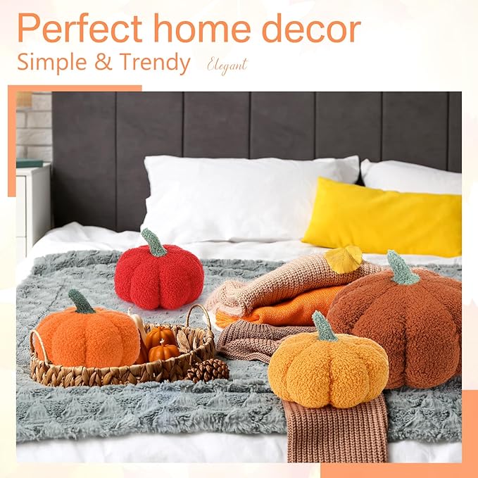 Kajaia 4 Pcs Fall Decor Pumpkin Throw Pillow Fall Pillow 11 Inches 7 Inches 3D Cushion Thanksgiving Sherpa Plush Fluffy Stuffed for Autumn Halloween Christmas Home Sofa(Brown,Orange,Red,Yellow)