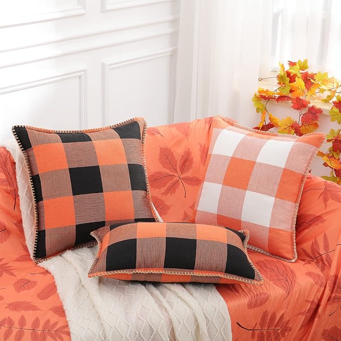 decorUhome Farmhouse Gingham Buffalo Plaid Check Throw Pillow Covers 22x22 Set of 2, Outdoor Fall Linen Decorative Pillow Covers with Stitched Edge for Bed Couch Sofa, Orange and Black