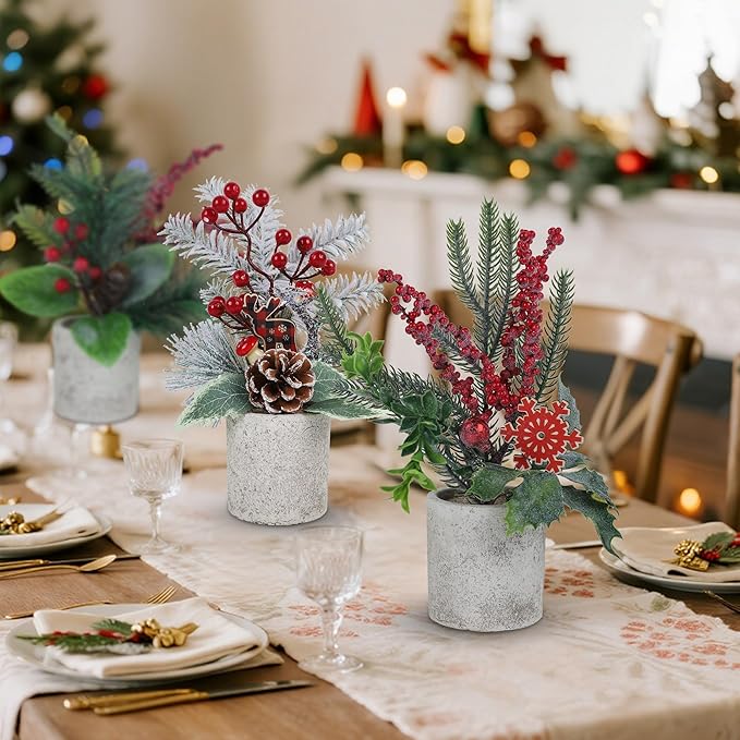 winemana 3 Pack Mini Christmas Trees for Table Centerpieces, 11 Inch Small Artificial Xmas Tree with Red Berries & Pine Cones for Home, Office Desk, Tabletop, Indoor Holiday Decorations