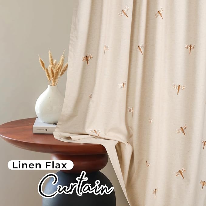 Natural Flax Linen Curtains 50x96 Inch –Brown Taupe with Dragonfly Embroidery, Room Darkening for Bedroom & Living Room