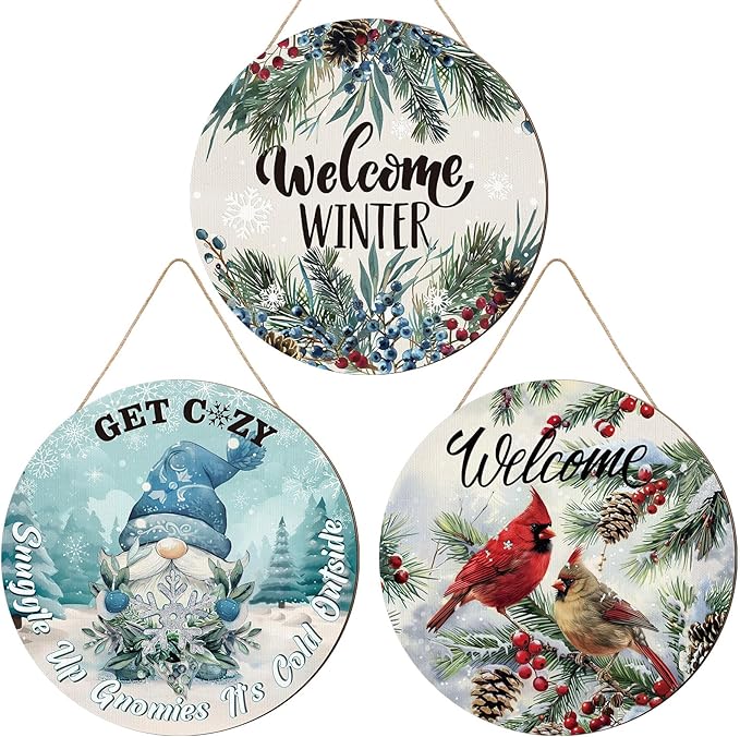 3 Pcs Winter Welcome Sign for Front Door Decor Winter Farmhouse Cardinal Bird Gnome Wooden Door Hanger for Outdoor Outside Porch Round Hanging Signs for Home Indoor Outdoor Decorations