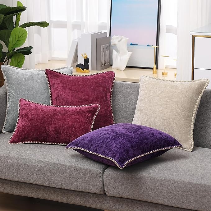 decorUhome Christmas Chenille Soft Throw Pillow Covers 18x18 Set of 2, Farmhouse Velvet Neutral Decorative Euro Pillow Covers with Stitched Edge for Couch Sofa Bed Home Decor, Rhododendron
