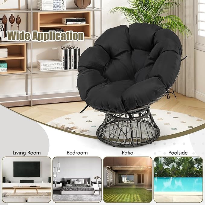 RELAX4LIFE Swivel Wicker Papasan Chair - 360° Rotatable Comfy Circle Chairs with Cushion and Frame for Indoor & Outdoor, Oversized Lazy Lounge Reading Chair for Bedroom, Living Room, Balcony, Patio