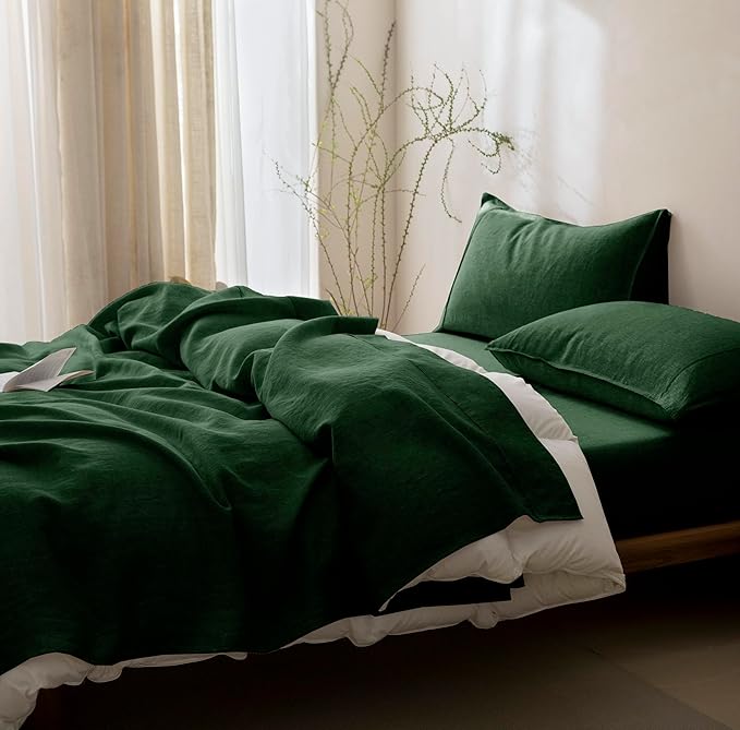 Talasily 100% French Pure Linen Sheets Set Full Size,Oeko-TEX Certified Bedding, All-Season Breathable for Hot Sleepers,16 Inch Deep Pocket Machine Washable 4-Piece (Forest Green)