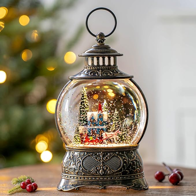 9.8" Christmas Snow Globe Water Lantern with Horse Drawn Carriage Town Scene Battery Operated or USB Powered Musical Lighted Holiday Decoration for Tabletop Display for Family and Friends