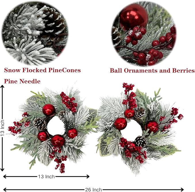Christmas Candle Rings Wreaths(2 Pcs) Snow Flocked Candle Rings Pine Branches, Red Berries, Pinecones Pillars Candle Rings Christmas Table Centerpiece for Front Door Window Wall Decor