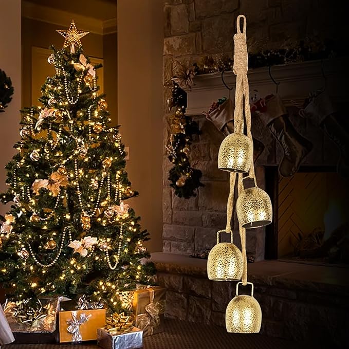Styleonme Decorative Bells, Christmas Decor, Huangma Hanging Rope Metal Decorative Bull Bells, 4-Piece Set of Harmonious Bells, Vintage Handmade Rustic Lucky Christmas Cow Bells