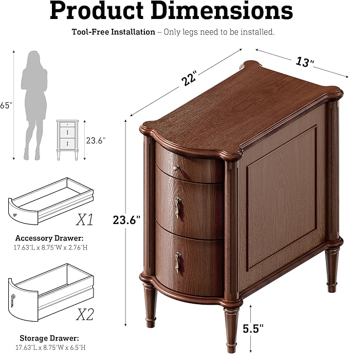 STO'SENSE Nightstand Set of 2 w/Charging Station & 3 Drawers, Pre-Assembled, Vintage Side Table w/Antique-Finished Pulls, Rustic Wood Finish, Narrow End Table w/Turned Legs for Bedroom, Brown