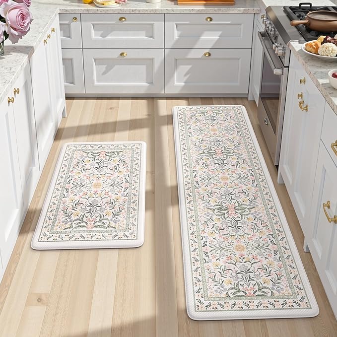 Collive Anti Fatigue Kitchen Floor Mat, Cushioned Waterproof Sink Mats Non Slip Floral Kitchen Rugs Sets of 2, Comfort Modern Standing Rug for Office, Laundry, Desk, 17"x30"+17"x47", Grey