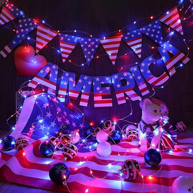 12 Pack 4th of July Lights 7 Feet 20 Led Waterproof Red White and Blue Lights Silver Wire Firefly Starry Moon Lights for Bedroom Independence Day Fouth of July Decor (Red & White & Blue)