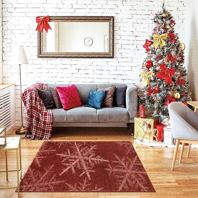 Lahome Christmas Washable Area Rugs, 3x5 Snowflake Entryway Rugs Indoor Non Slip Washable Red Rugs for Bedroom Holiday Decor, Soft Ultra-Thin Carpet for Living Room Kitchen Bathroom(3'x 5',Red)