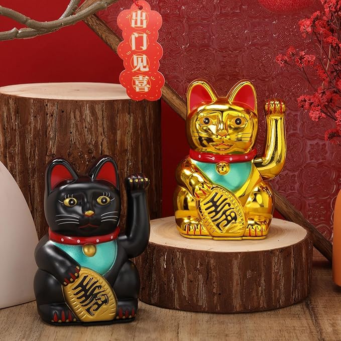 2 Pcs 5 Inch Lucky Cat Waving Arm Maneki Neko Lucky Fortune Cat Chinese Fengshui Welcoming Decoration for Home Office Restaurant Shop Gifts Decor Battery Operated (Battery Not Included)