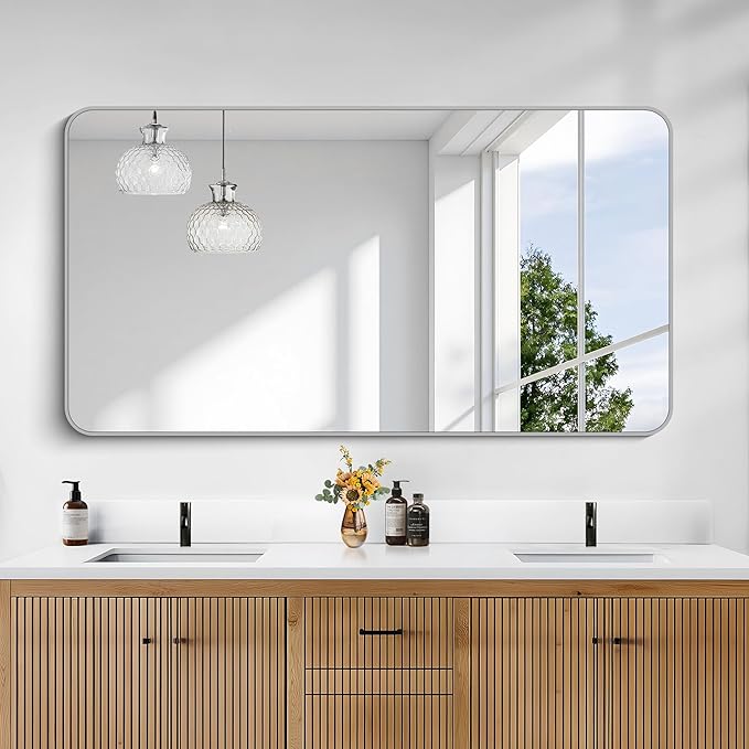KOCUUY Silver Bathroom Mirror, 30 x 55 inch Metal Frame Mirror with Rounded Corner, Rectangle Design of Upgraded Shatterproof Glass for Bathroom, Bedroom, Living Room, Entryway