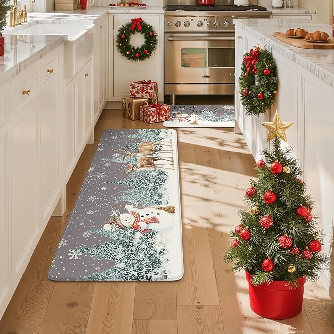 Collive Christmas Snowman Kitchen Mats, Cushioned Anti Fatigue Winter Xmas Tree Kitchen Rugs Sets of 2 Waterproof Elk Sink Mat, Non Slip Comfort Standing Floor Rug for Desk Home Decorations, Grey
