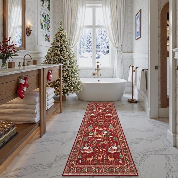 Lahome Christmas Runner Rug 2x10 Red Hallway Runner Rug,Kitchen Runner Rugs Non Skid Washable,Soft Christmas Tree Santa Claus Bathroom Carpet Runner for Entryway Bedside Holiday Decor(2'x10',Red)