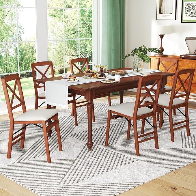 COSTWAY Folding Dining Chairs Set of 4, Upholstered Wooden Dining Room Chairs with X-Shaped Back, 400LBS Capacity and Solid Wood Frame for Kitchen Apartment (Brown & Beige)
