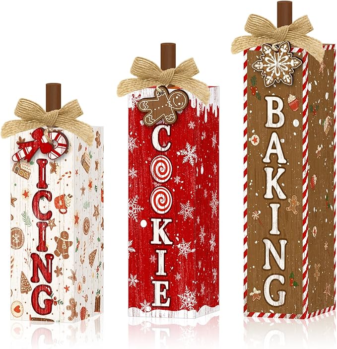 Britimes 3 Pcs Christmas Baking Wooden Table Block Signs, Farmhouse Gingerbread Candy Cane Cookie Print Tiered Tray Decor Rustic Holiday Tabletop Centerpieces for Kitchen Home Winter Decorations