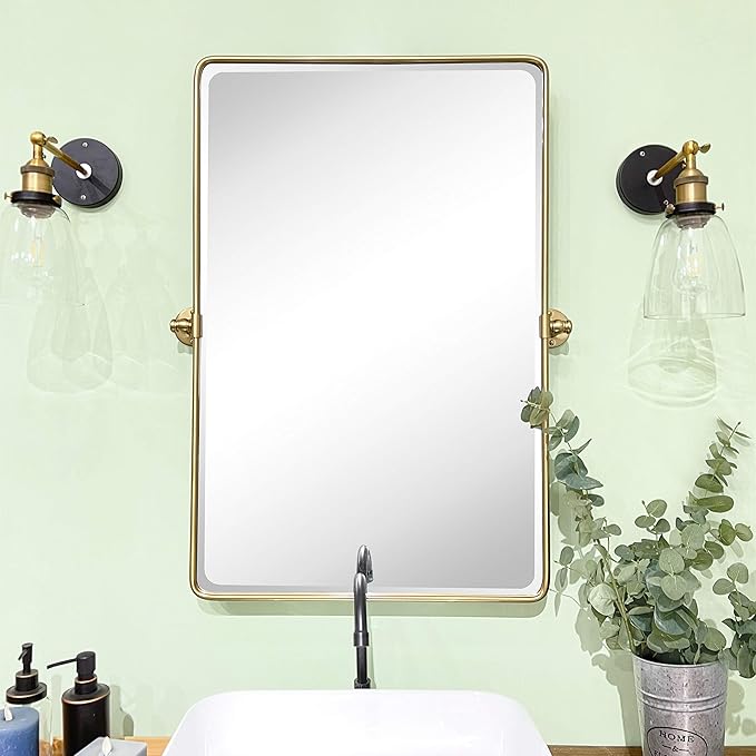 TEHOME Gold Pivot Rectangle Bathroom Vanity Mirrror Farmhouse Tiltable Rounded Metal Framed Pivoting Bathroom Mirror with Beveled Mirrror, Overall 26.91 x 35 inches (Mirrror 23 x 35 inches)
