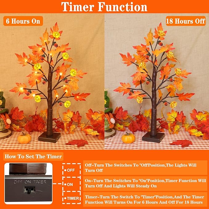 2 Pack 24 Inch Prelit Fall Maple Tree Thanksgiving Decorations, 48LEDs Timer Acorn Pumpkin Lights Fall Decorations for Home Battery Operated Wedding Party Table Autumn Harvest Halloween Fall Decor