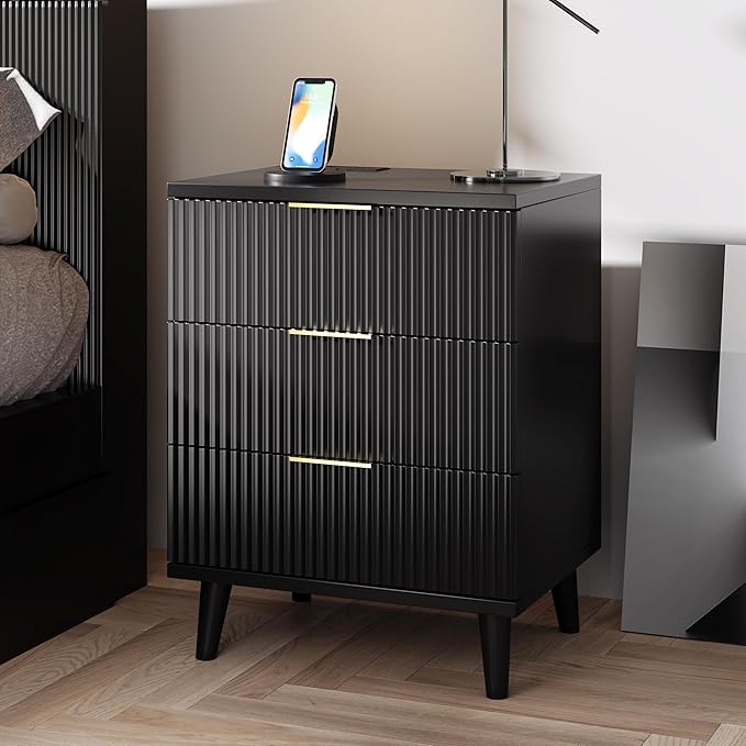 Fluted Black Nightstand with USB Charging Station, 3-Drawer Dresser Wood Modern Night Stand Bedside Table with Quiet Drawers & Large Storage End Table for Bedroom