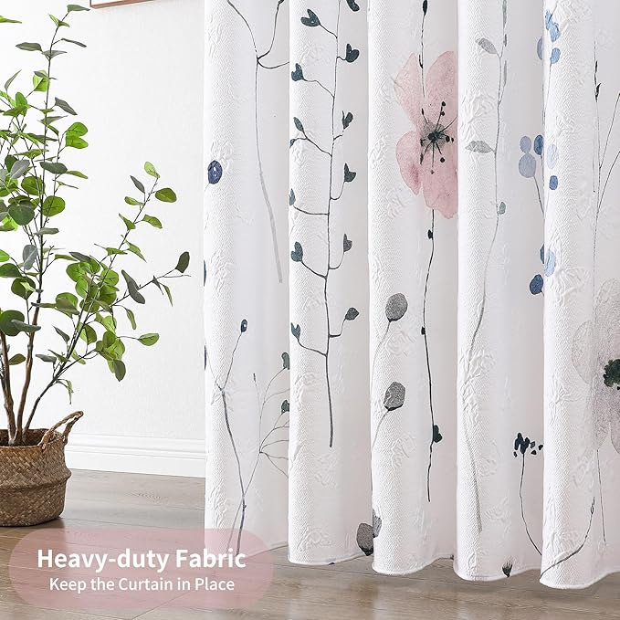 QiyI Watercolor Floral Shower Curtain, 3D Embossed Butterflies Pink Blue Bathroom Curtain, Minimalist Farmhouse White Bath Curtain, Waterproof Fabric Flower Shower Curtain Set with Hooks, 72x72