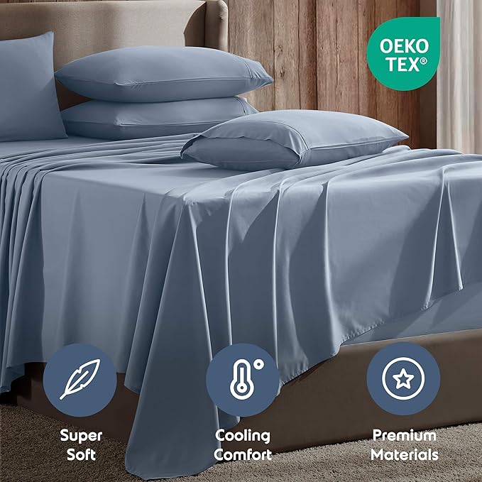 Nestl Extra Deep King Sheet Set - 6 Piece Breathable & Cooling Sheets - Hotel Luxury Bedding Set w/18-24 Inch Deep Pockets - Easy & Secure Fit - Super Soft, Wrinkle Free & Comfy - Stone Blue