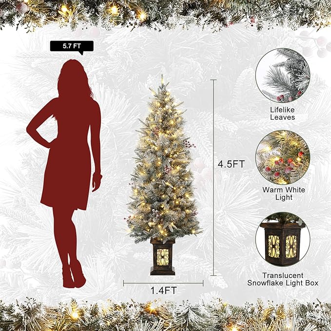 GarveeHome 4.5ft Pre-Lit Flocked Artificial Christmas Tree with Pine Cones, Artificial Xmas Tree w/ 386 Branch Tips & 200 Lights, Antique Urn Base for Home, Party Decoration,2 PCS
