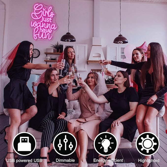 Girls Just Wanna Have Fun Neon Sign 80's Party Decoration Retro Pink LED Neon Light Sleepover Party Girl Neon Signs for Wall Decor,for Bedroom Wedding Christmas Birthday (have fun)