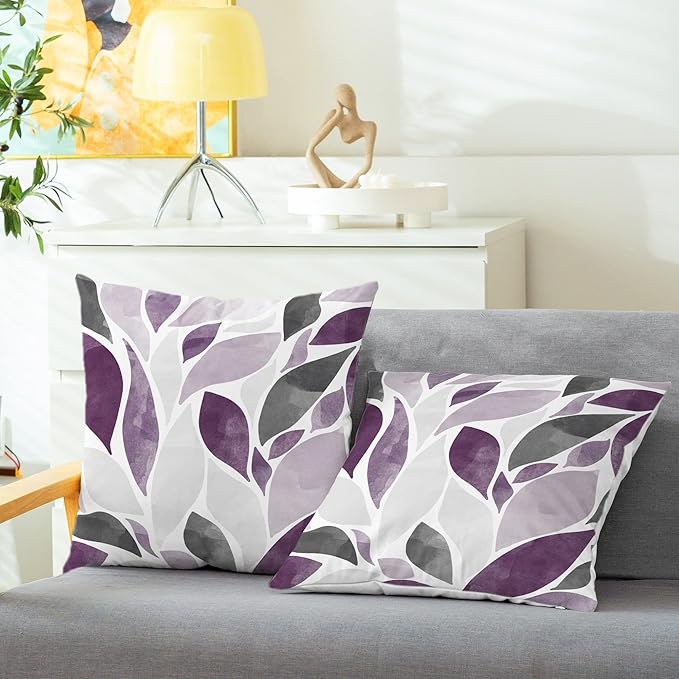 CaliTime Throw Pillow Cases Pack of 2 Cozy Fleece Falling Dahlia Floral Flowers Petals Decorative Cushion Covers for Couch Bed Sofa Farmhouse Decoration 16 X 16 Inches Deep Purple Grey