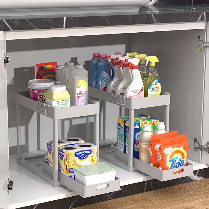 2PC Under Sink Organizer Rack 2 Tier Under Sliding Cabinet Basket Organizer Drawer with 4 Hooks, Multi-purpose Under Sink Storage for Bathroom Kitchen Desktop(Grey)