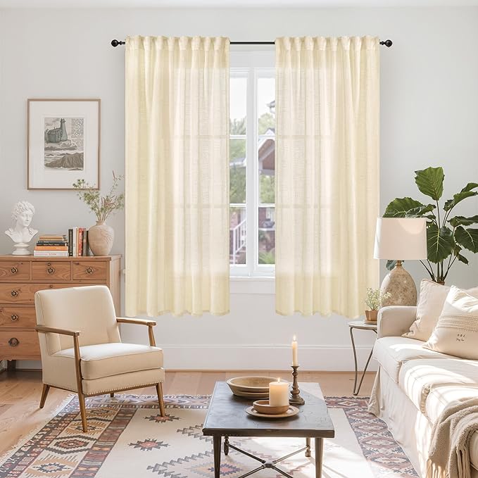 YoungsTex Linen Semi Sheer Curtains 63 Inch Length for Living Room 2 Panels, Champagne Window Drapes Light Filtering Textured Rustic with Rod Pocket Back Tab for Bedroom, 42 X 63 Inch